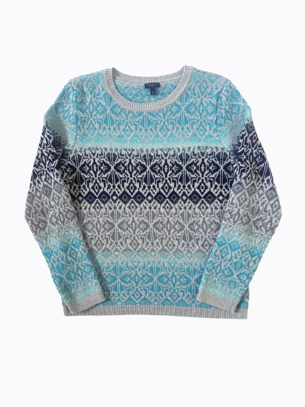 Fair Isle Snowflake Gray Blue Lambswool Knit Sweater LP Ombre Apres Ski Nordic